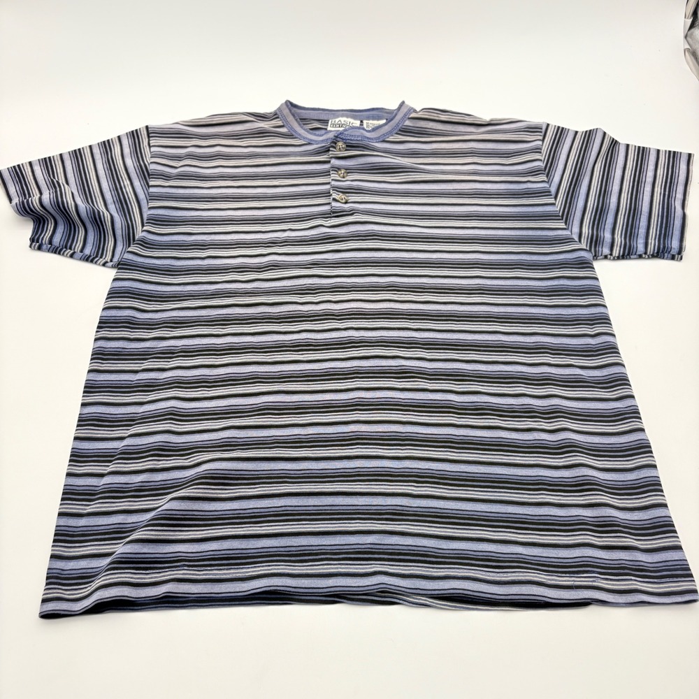 Basic Editions Mens Blue Striped Henley Shirt Short Sleeve Vintage Made in USA M